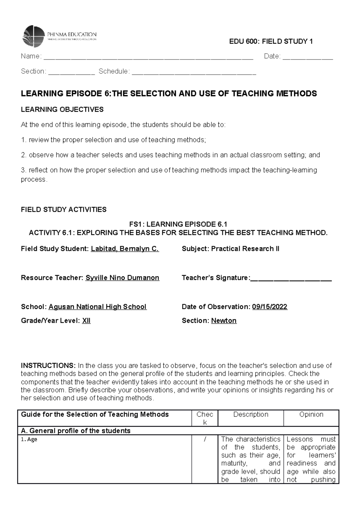 EDU 600 Learning Episode 6: Selection & Use of Teaching Methods - Studocu