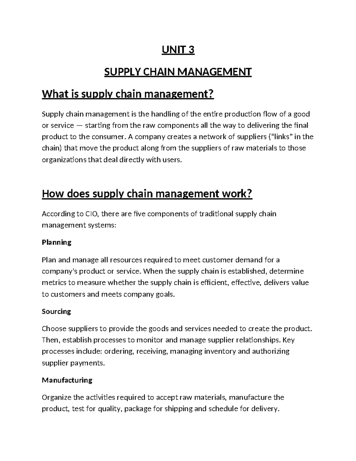 UNIT 3 SCM Lecture Notes: Understanding Supply Chain Management - Studocu