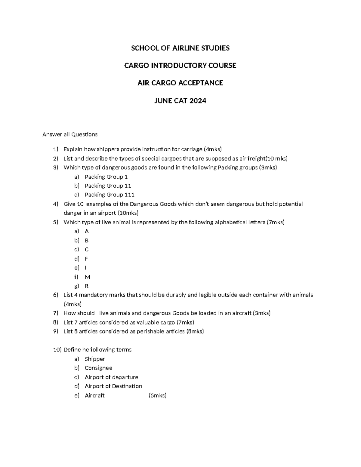 AIR Cargo Acceptance Introductory Course - June CAT 2024 - Studocu