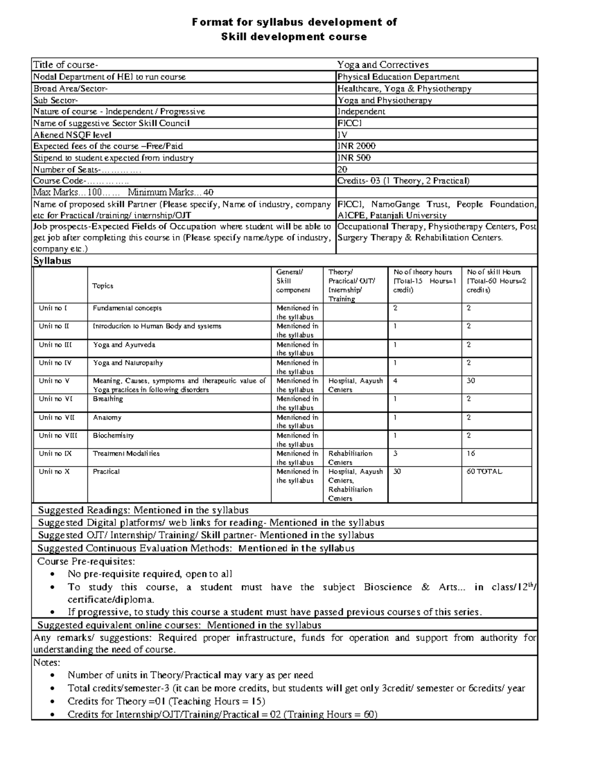 Syllabus Development for Skill Development Course: Yoga & Correctives ...
