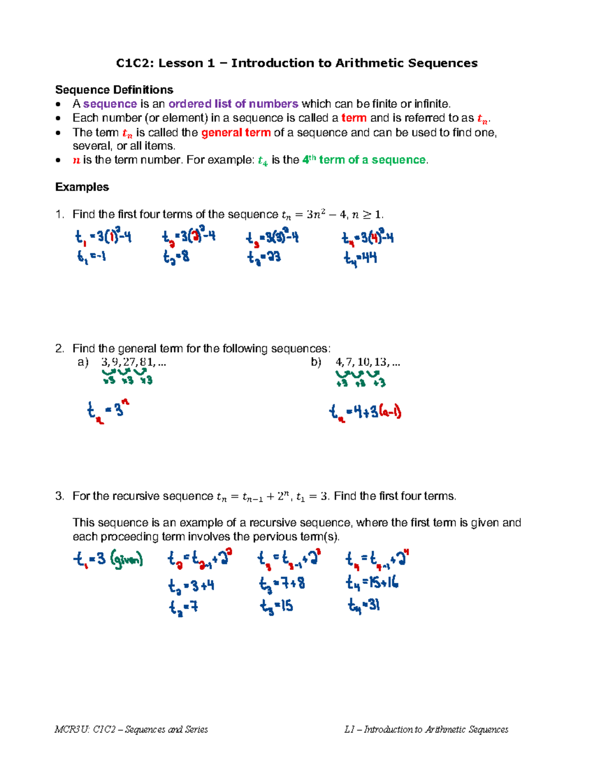 C1C2: Lesson 1 - Intro to Arithmetic Sequences & Practice Questions ...