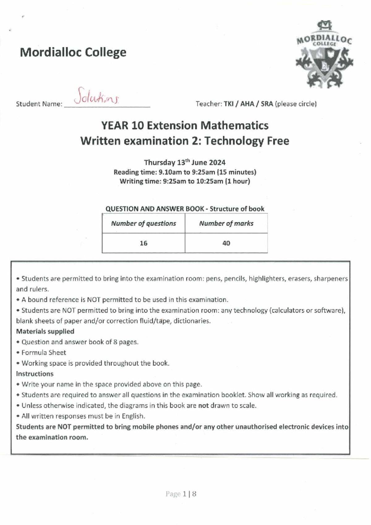 YEAR 10 Extension Maths Exam 2 Solutions - Tech Free - Studocu