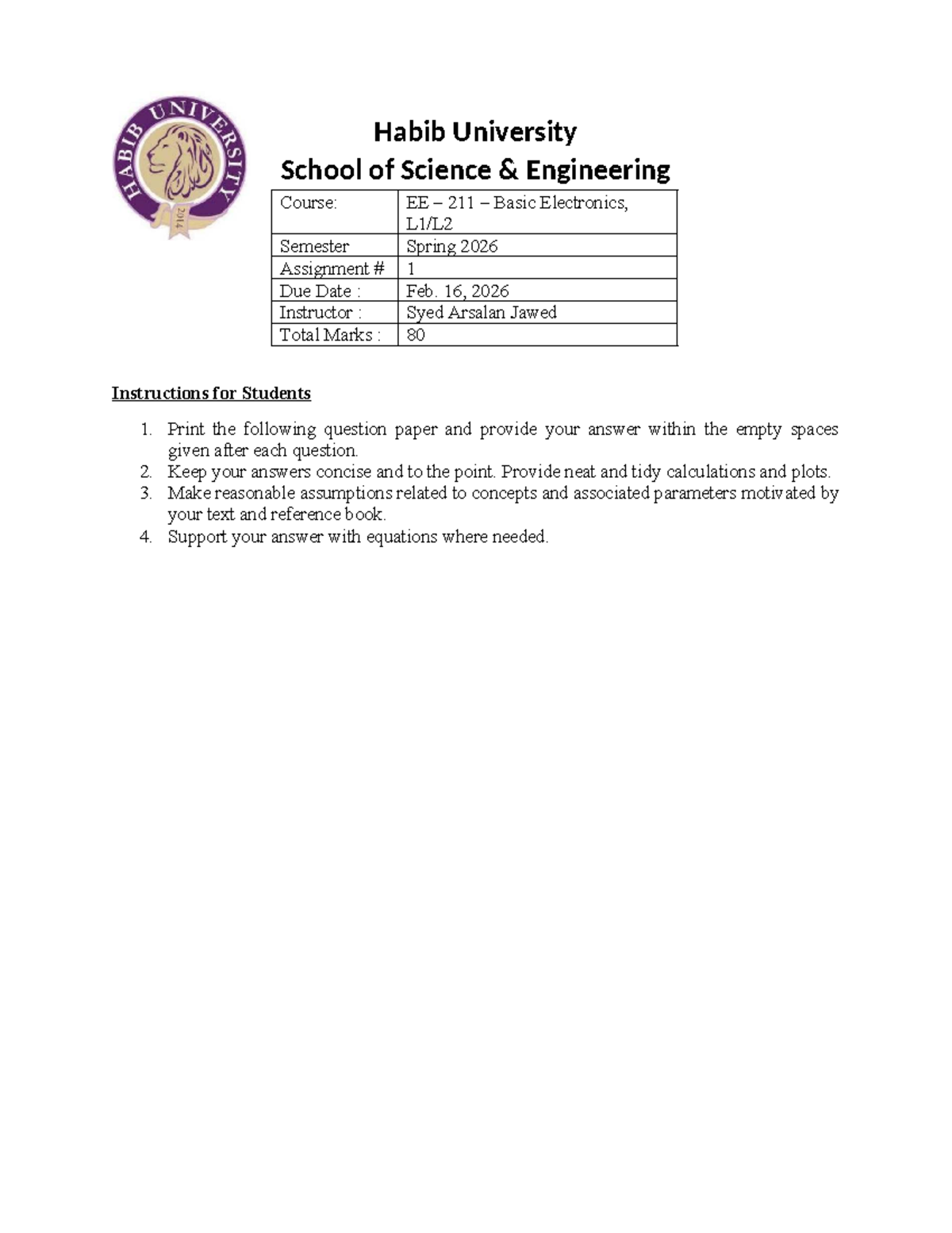 EE 211 Basic Electronics: Spring 2026 Assignment 1 Guidelines - Studocu