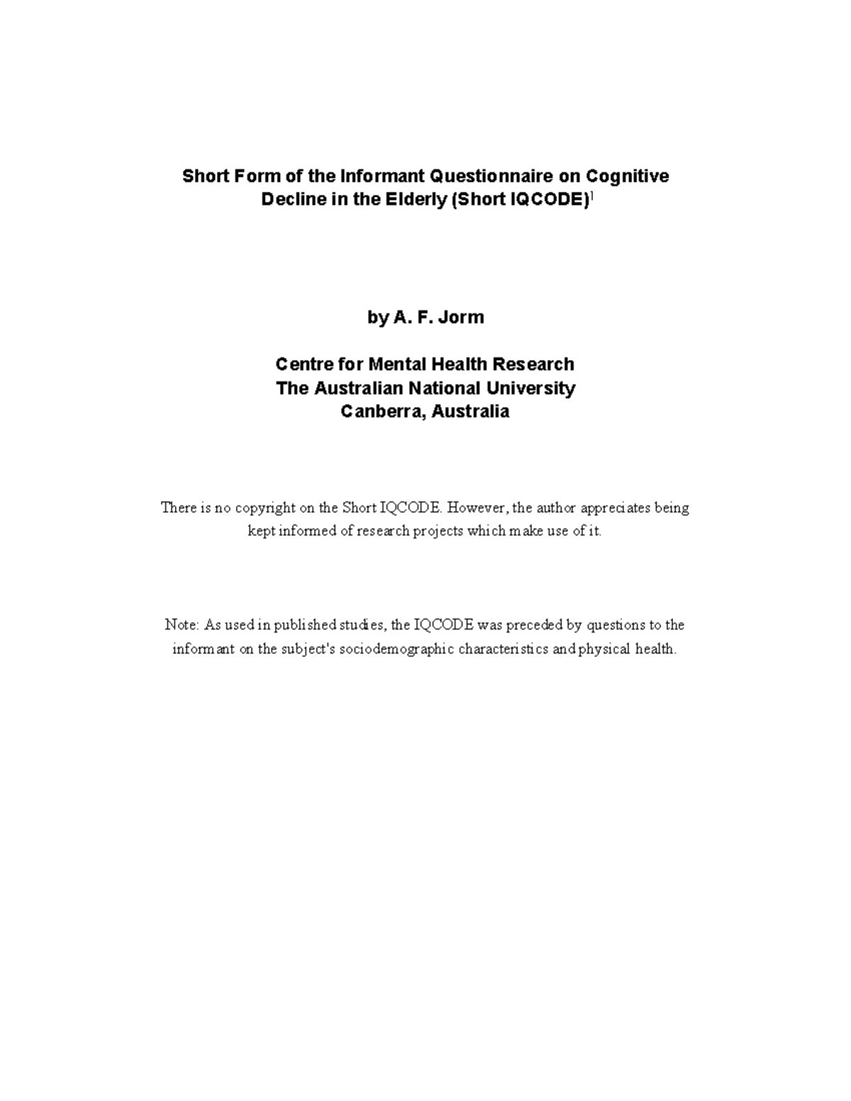 Short IQCODE: Informant Questionnaire on Cognitive Decline - Studocu