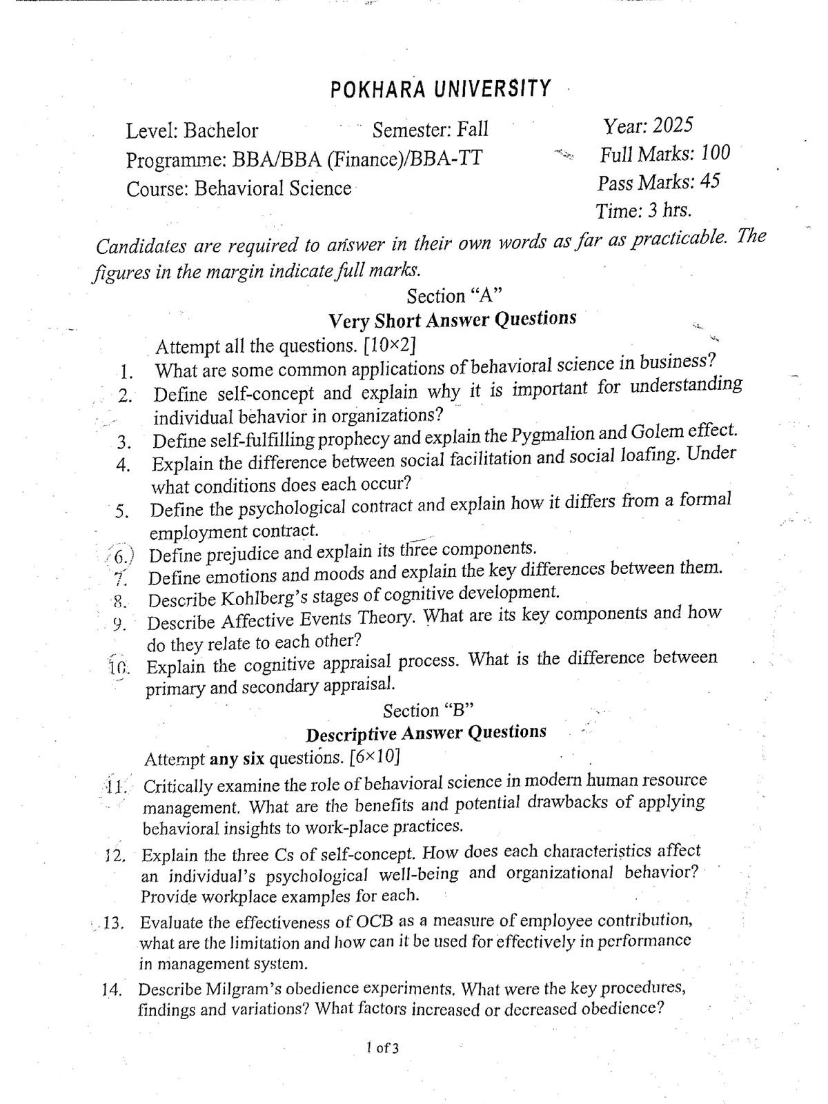 Behavioral Science 2025 Fall Semester Question Paper - Studocu