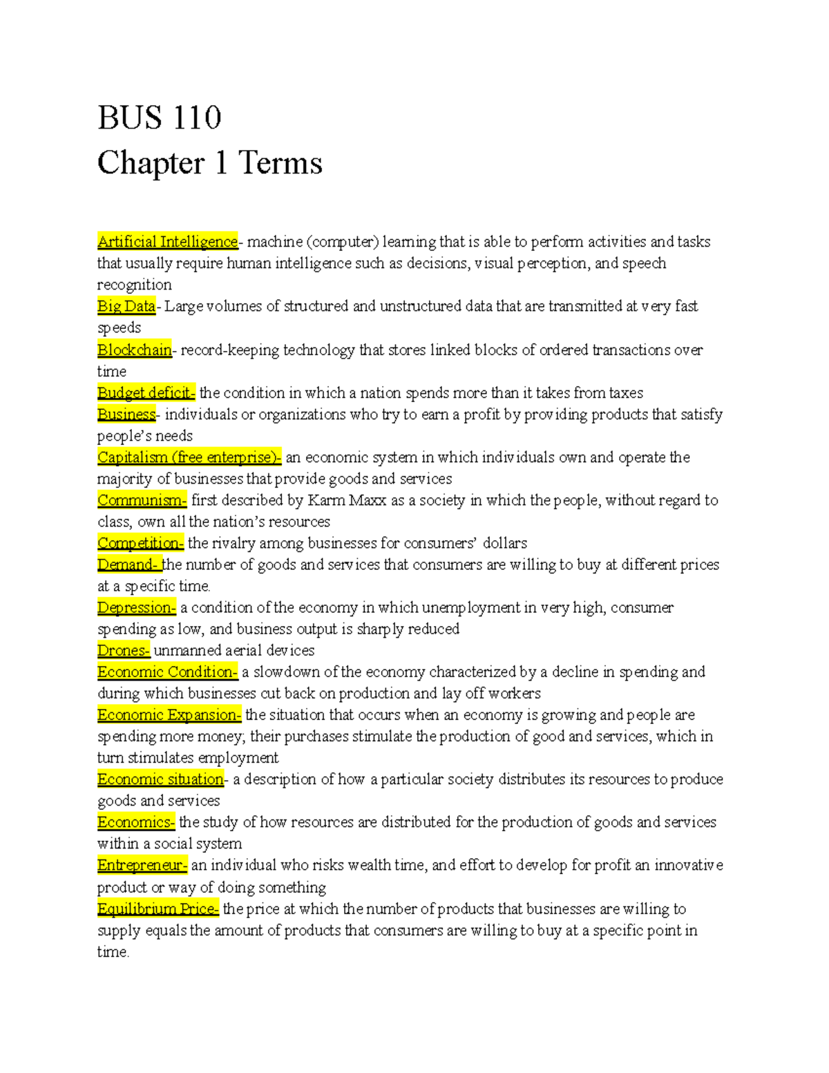 BUS 110 Chapter 1: Key Terms and Concepts Explained - Studocu