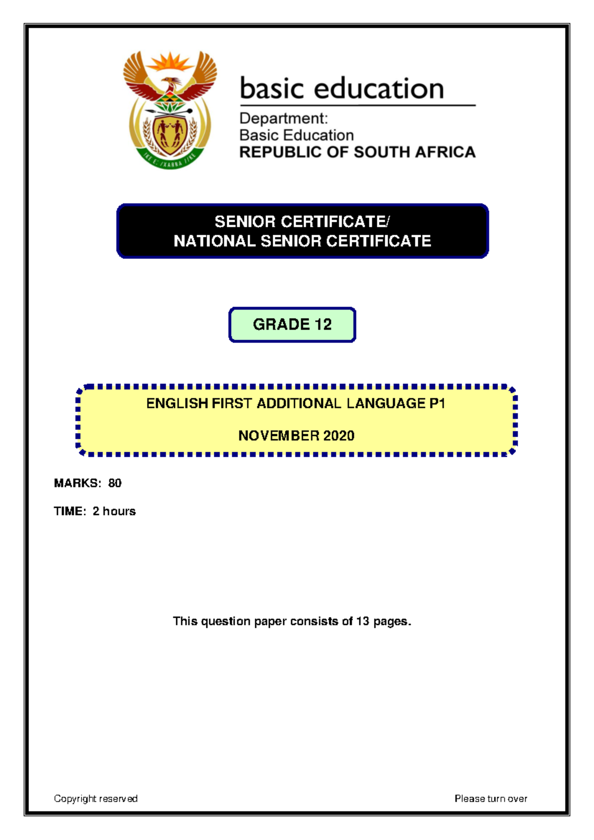 English FAL P1 Grade 12 November 2020 Exam Paper - Studocu