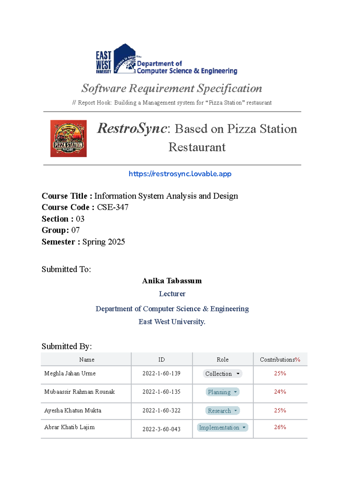Final SRS Report for RestroSync: Restaurant Management System (ISAD 03 ...