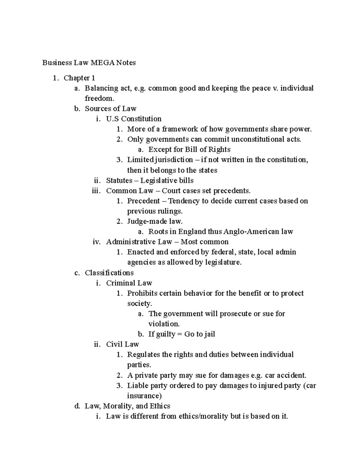 Business Law Mega Notes - Business Law MEGA Notes 1. Chapter 1 a ...