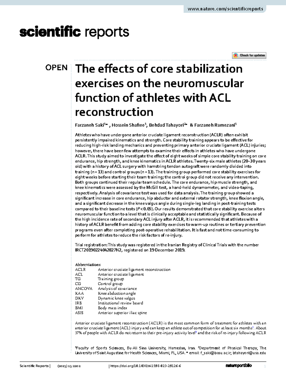 LCA Y CORE - Impact of Core Stability Training on ACLR Athletes - Studocu