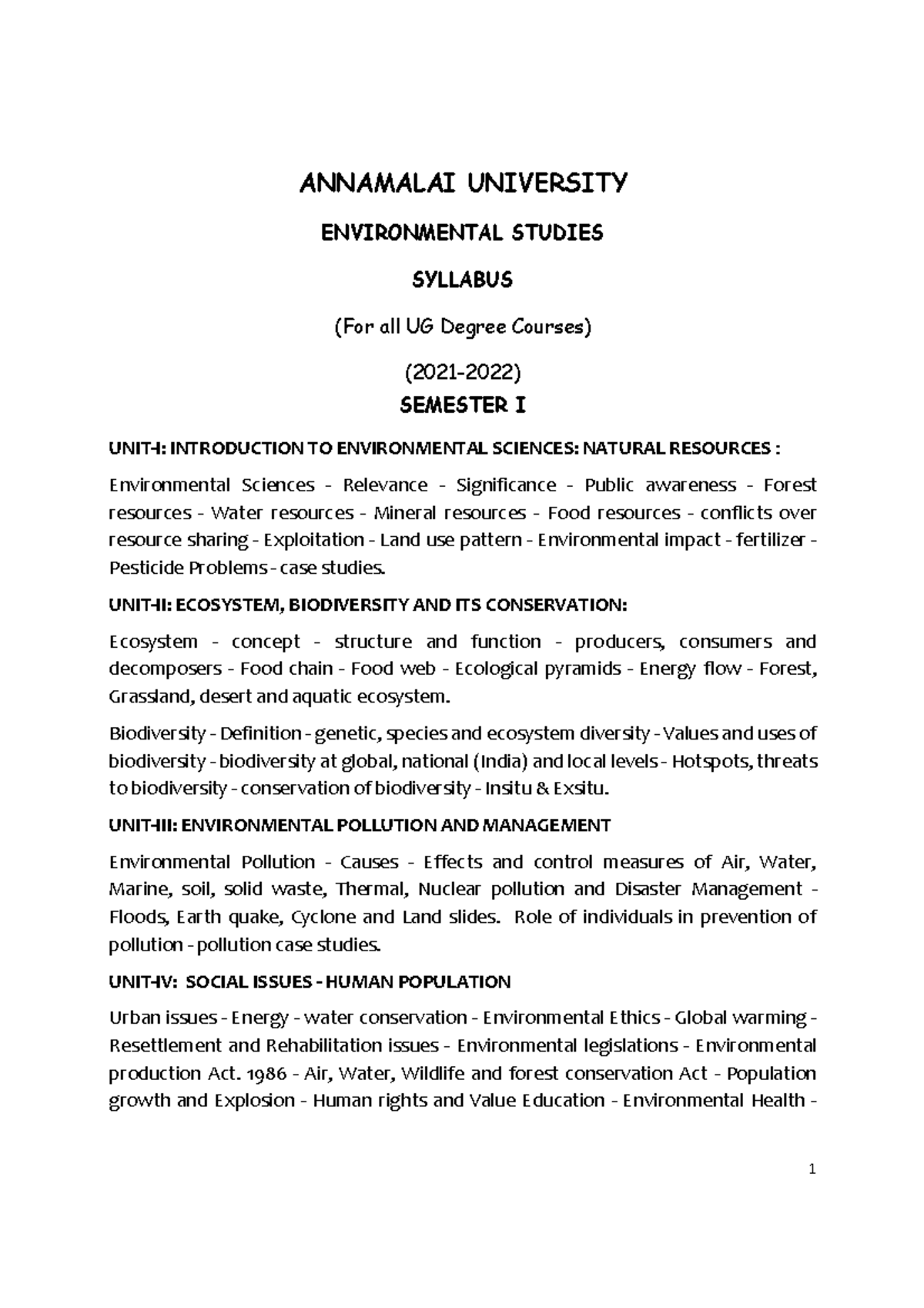 ENVIRONMENTAL STUDIES SYLLABUS (UG SEM I) - ANNAMALAI UNIVERSITY - Studocu