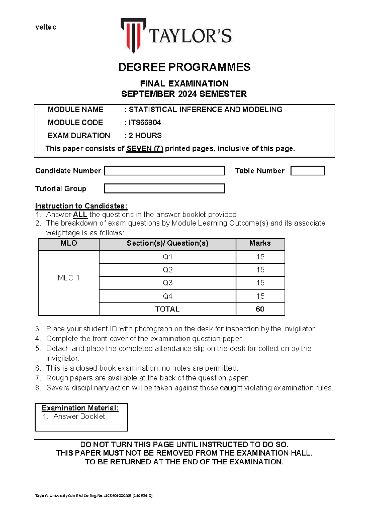 ITS66804 Statistical Inference & Modeling Final Exam Sept 2024 - Studocu