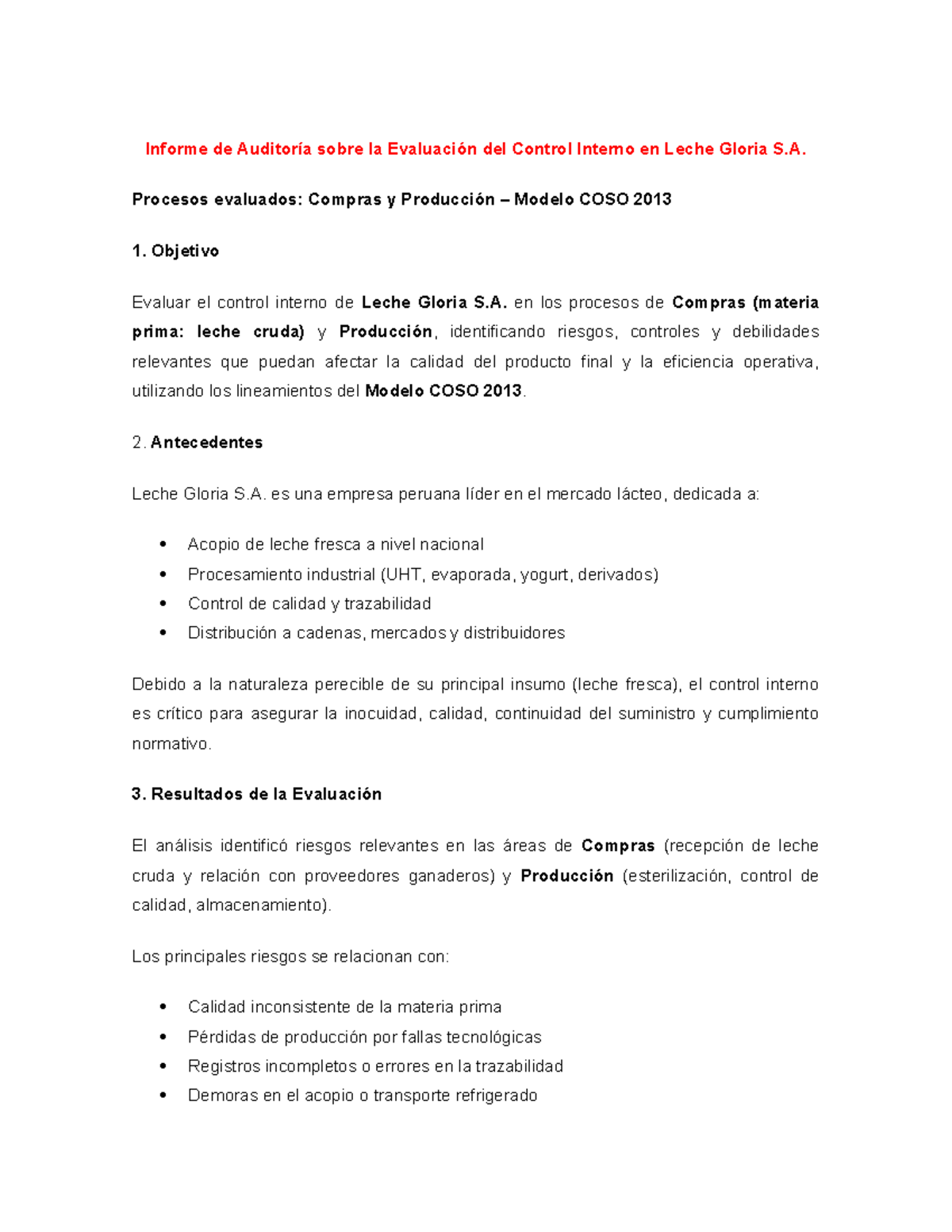 Informe Final de Auditoría sobre Control Interno en Leche Gloria S.A ...