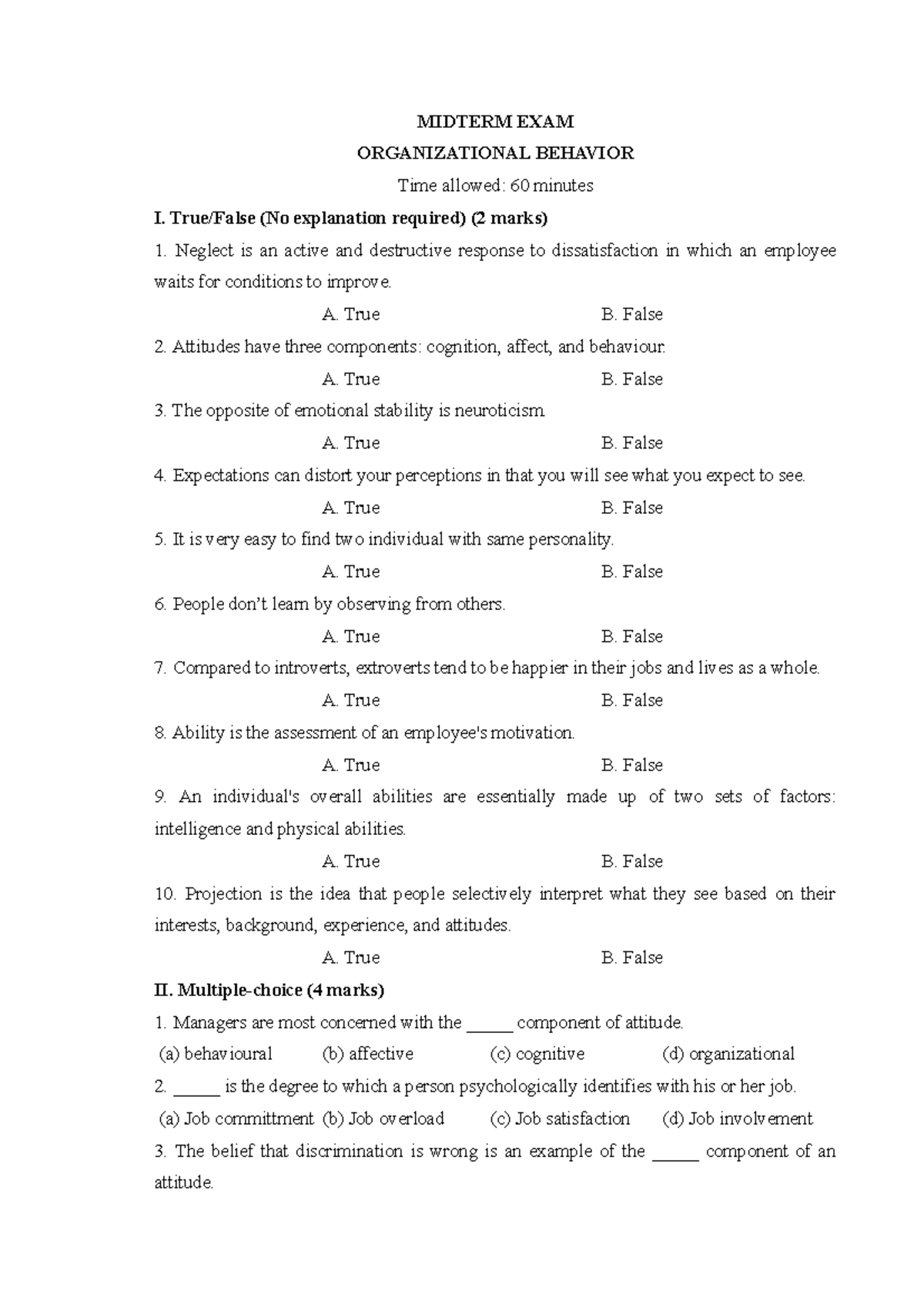 OB Midterm 2023 B - Organizational Behavior Exam Questions - Studocu