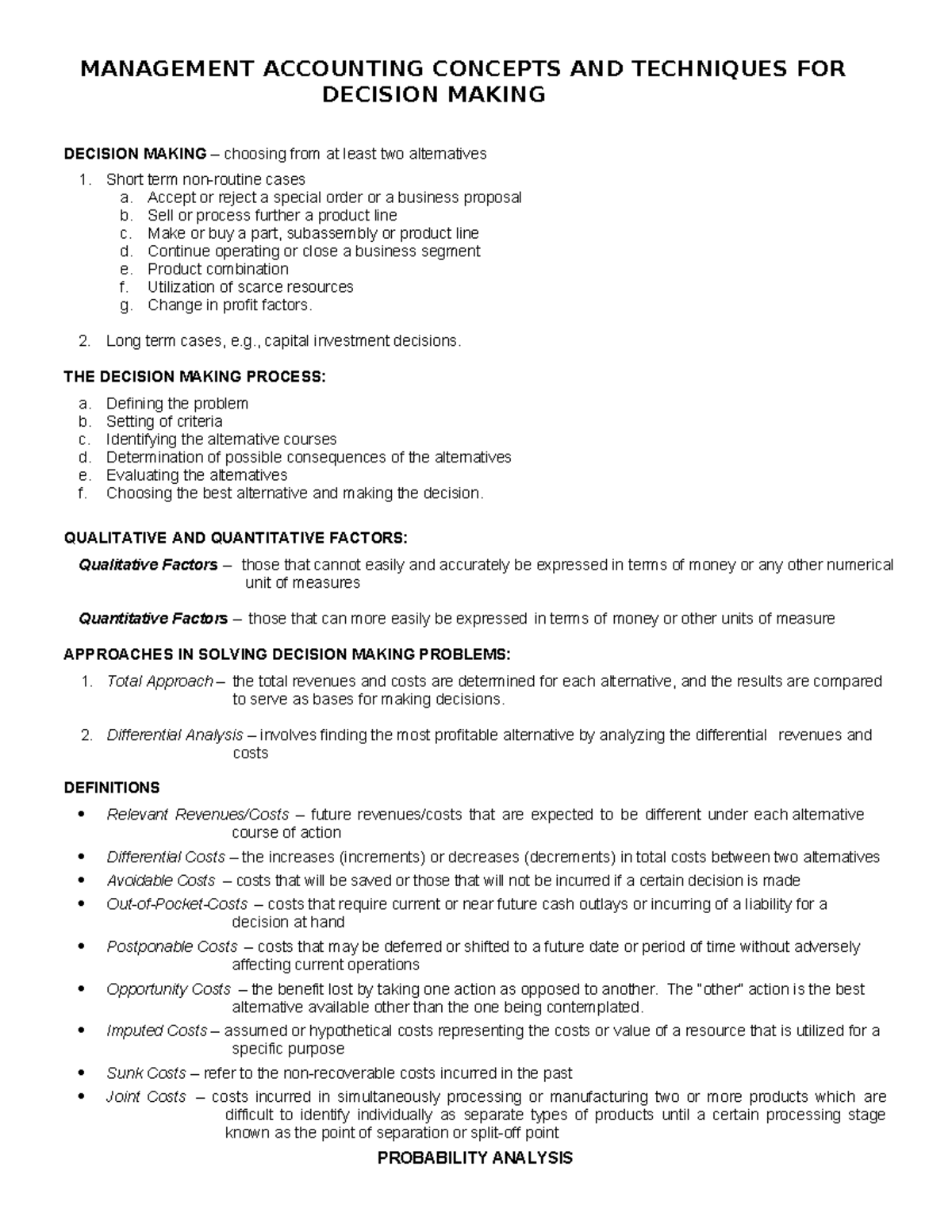 Management Accounting Concepts & Techniques for Decision Making (C10 ...