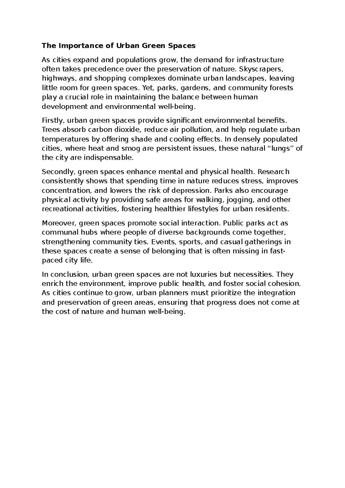 The Role of Urban Green Spaces in City Development - Studocu