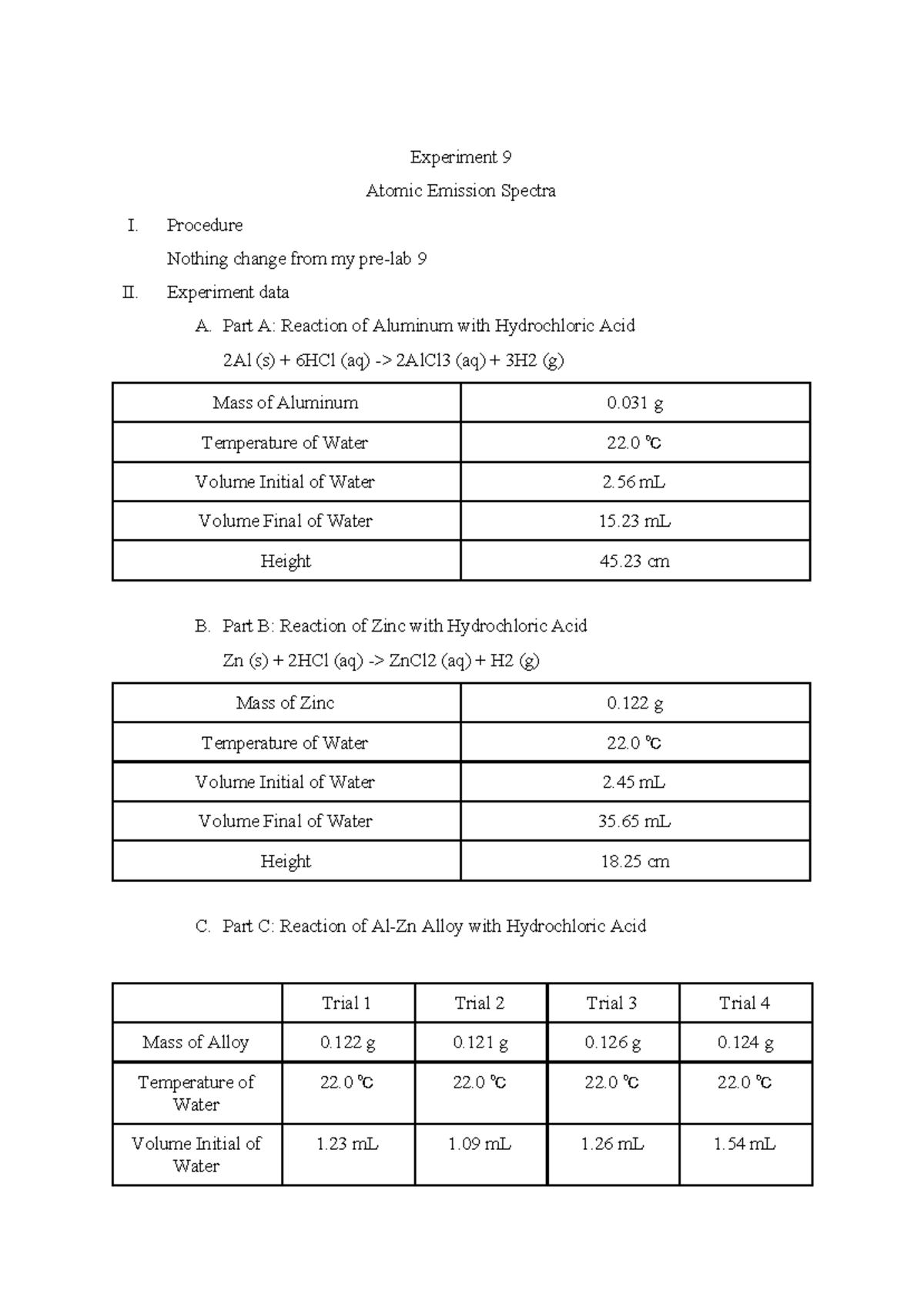 Lab Report 9: Analysis of Atomic Emission Spectra and Gas Reactions ...