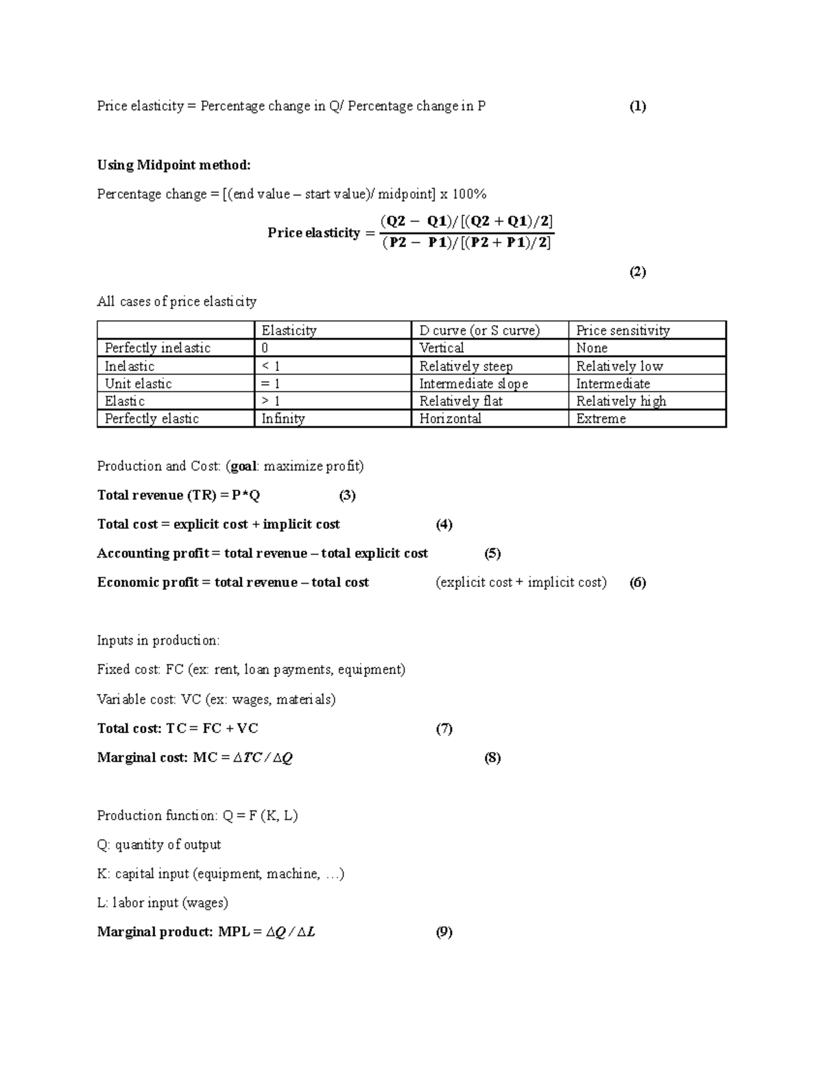 Micro Formulas Summary for Principles of Economics (ECO 101) - Studocu