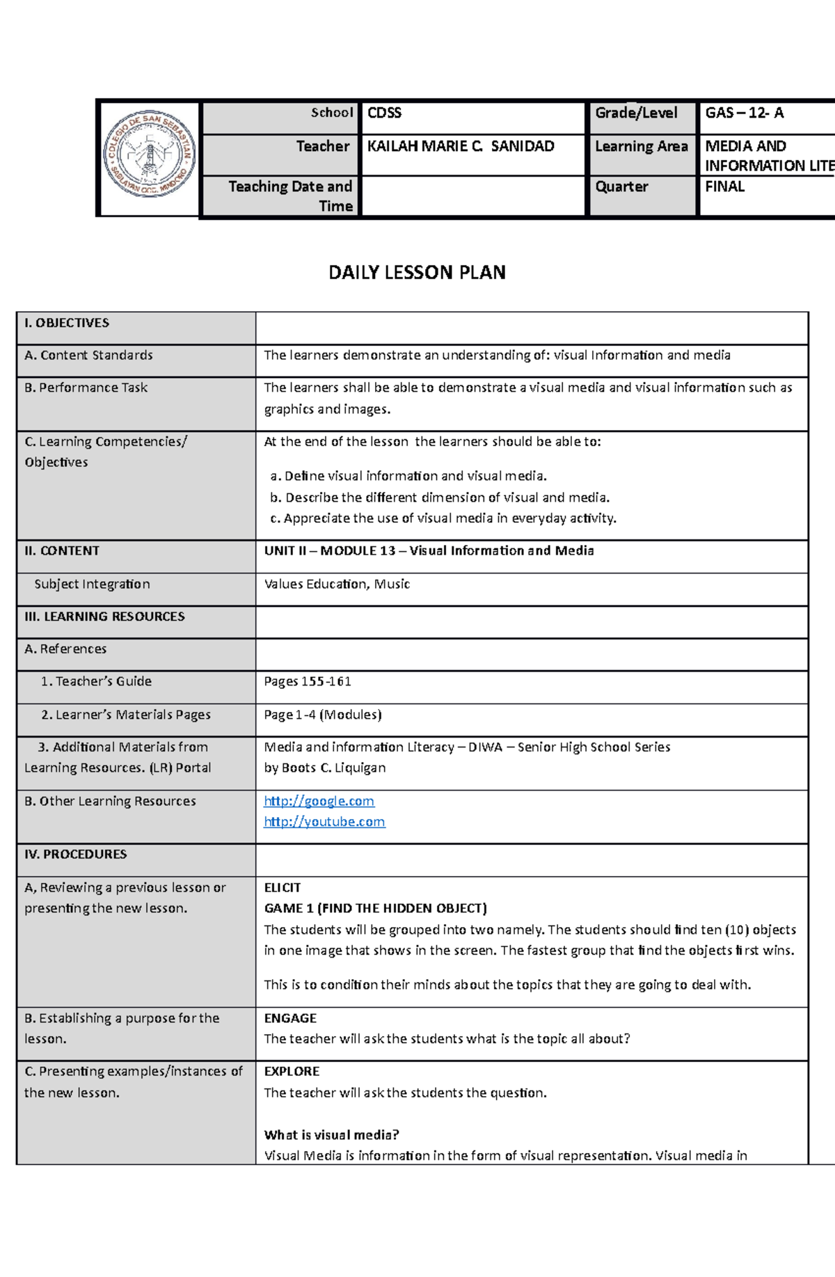 GAS-12A Final Lesson Plan on Visual Information Media - Studocu