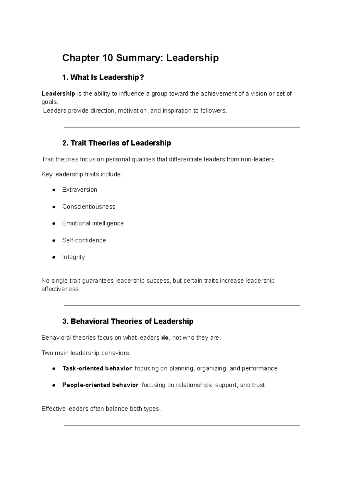 Chapter 10 Summary: Leadership Theories and Concepts - Studocu