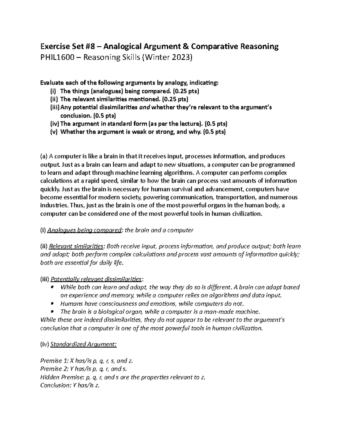 Exercise Set #8 - Model Response - Exercise Set #8 – Analogical ...