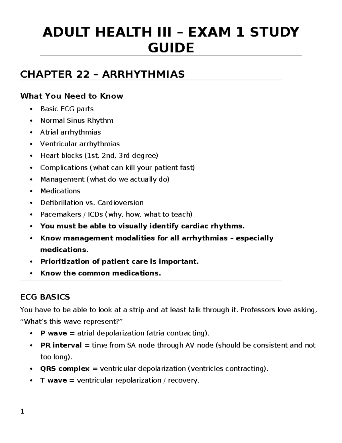 AH III - Exam 1 Study Guide: Arrhythmias & Cardiac Management - Studocu
