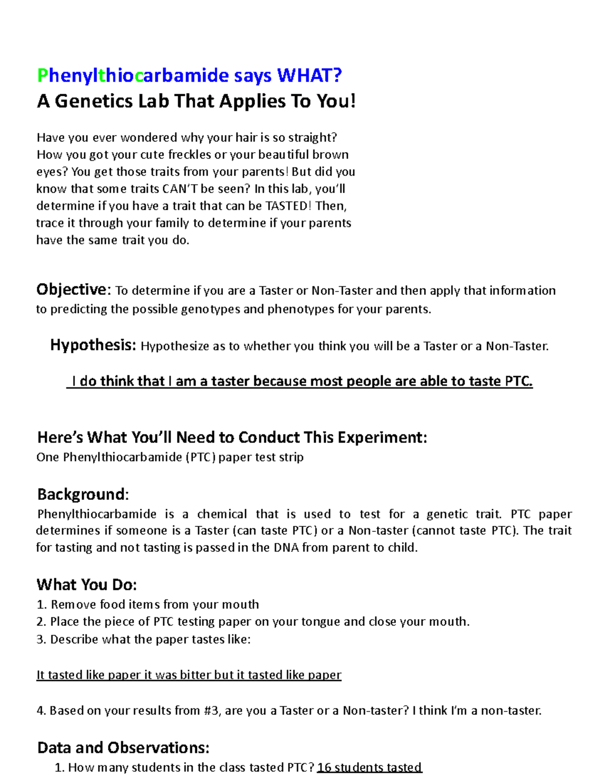 Genetics PTC Lab - Phenylthiocarbamide says WHAT? A Genetics Lab That ...