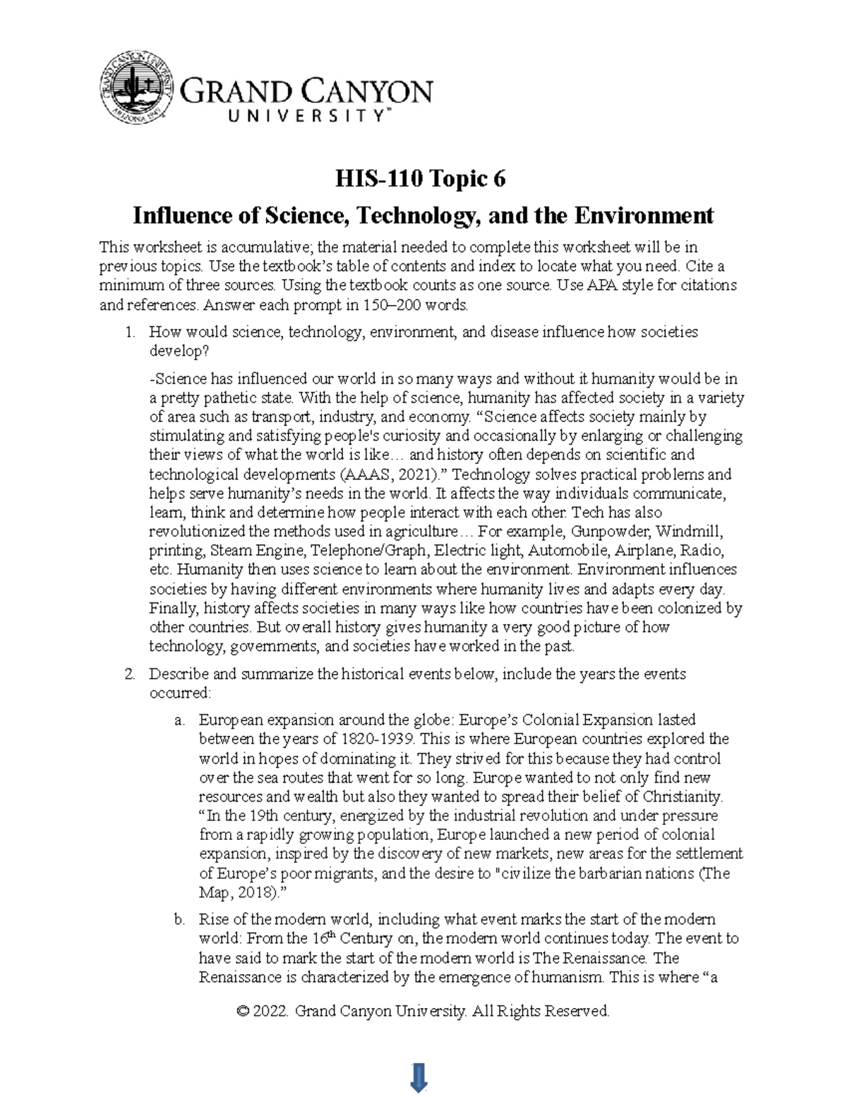 HIS-110 Influence of Science, Technology & Environment on Society - Studocu