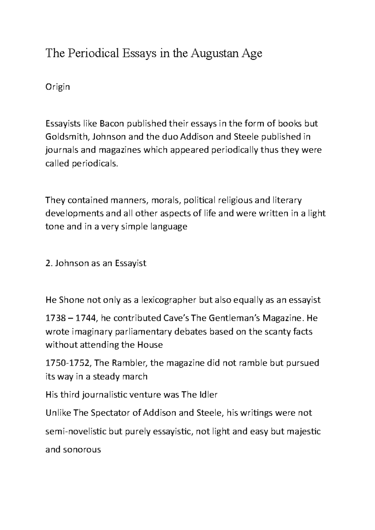 Periodical Essays in the Augustan Age: An Analytical Overview - Studocu