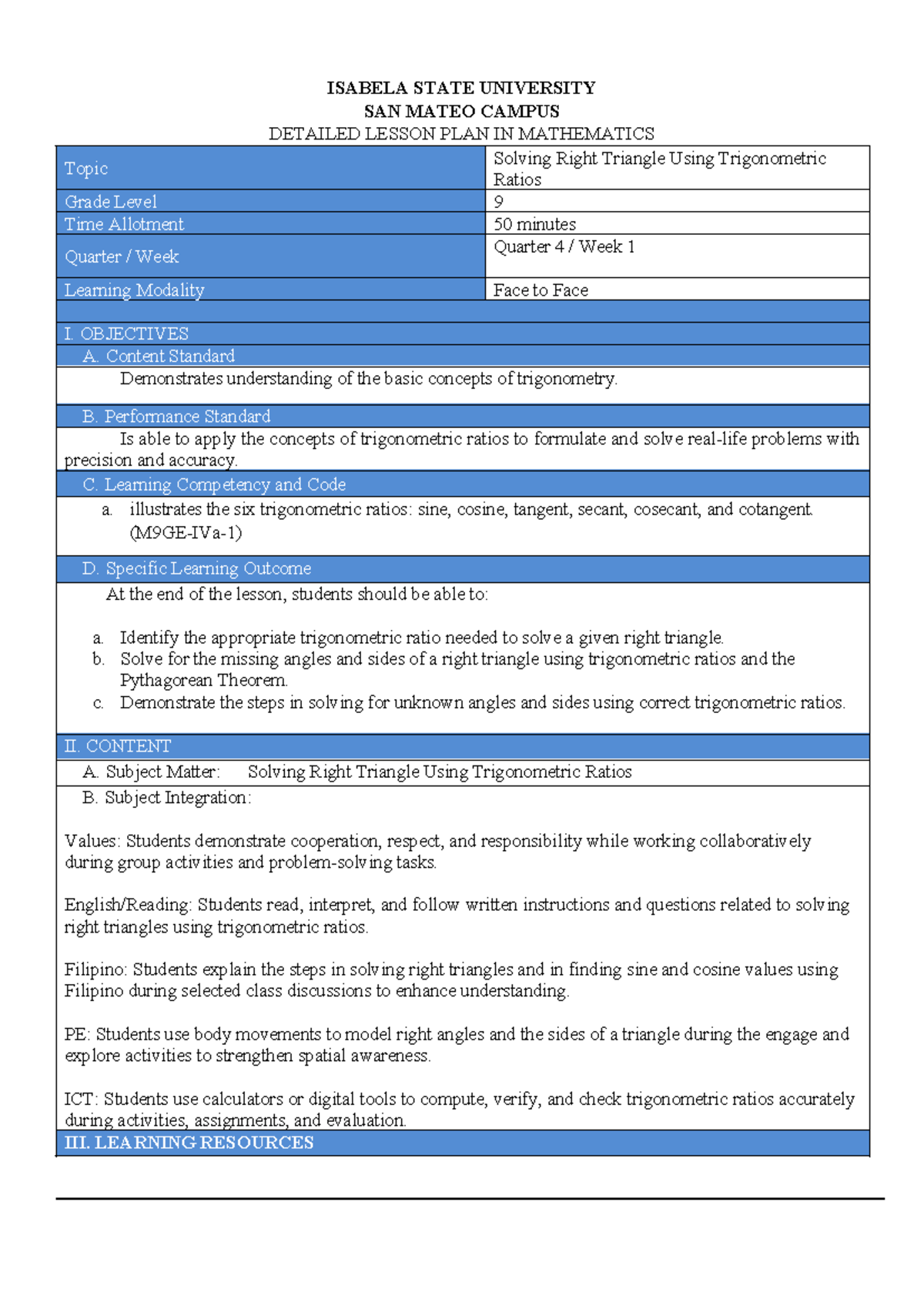 Detailed Lesson Plan: Solving Right Triangles Using Trigonometric ...