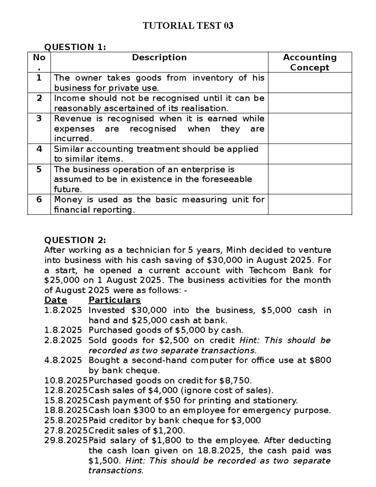 Tutorial Test 03: Accounting Concepts and Transactions Analysis - Studocu