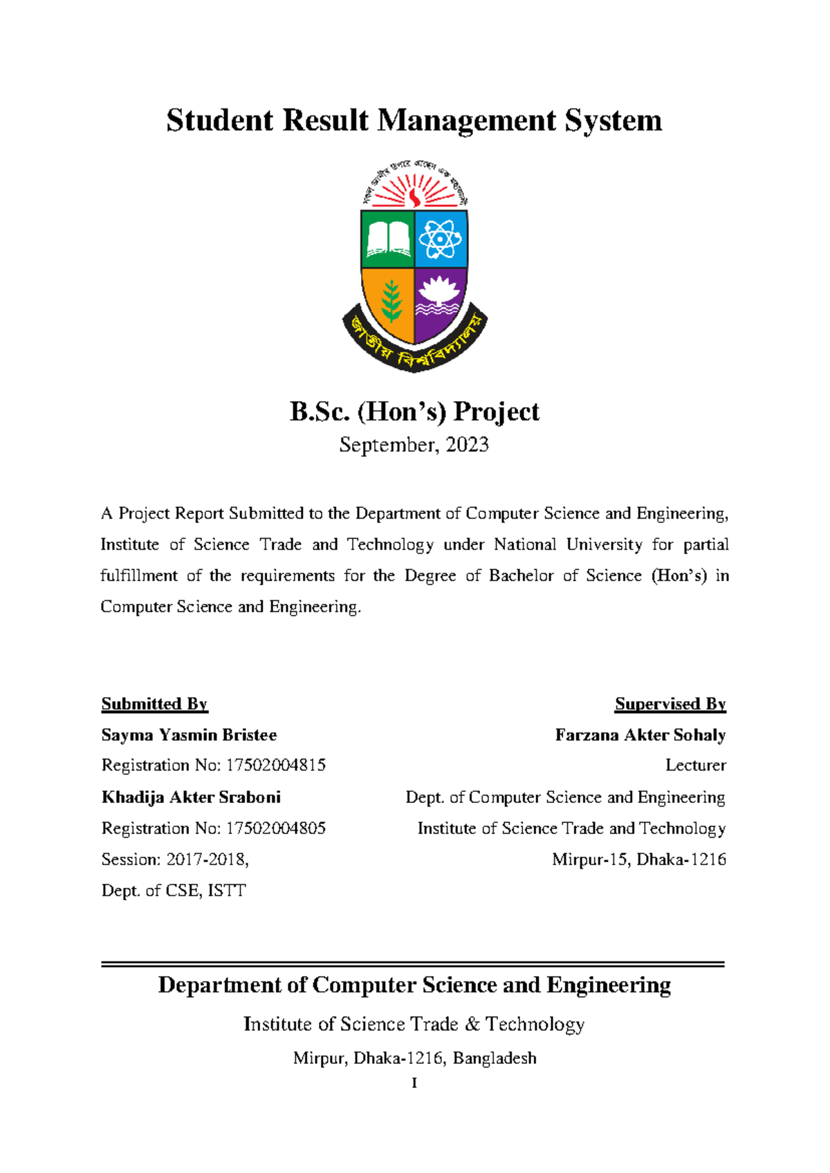 BSc (Hon's) Project Report: Student Result Management System (CSE ...