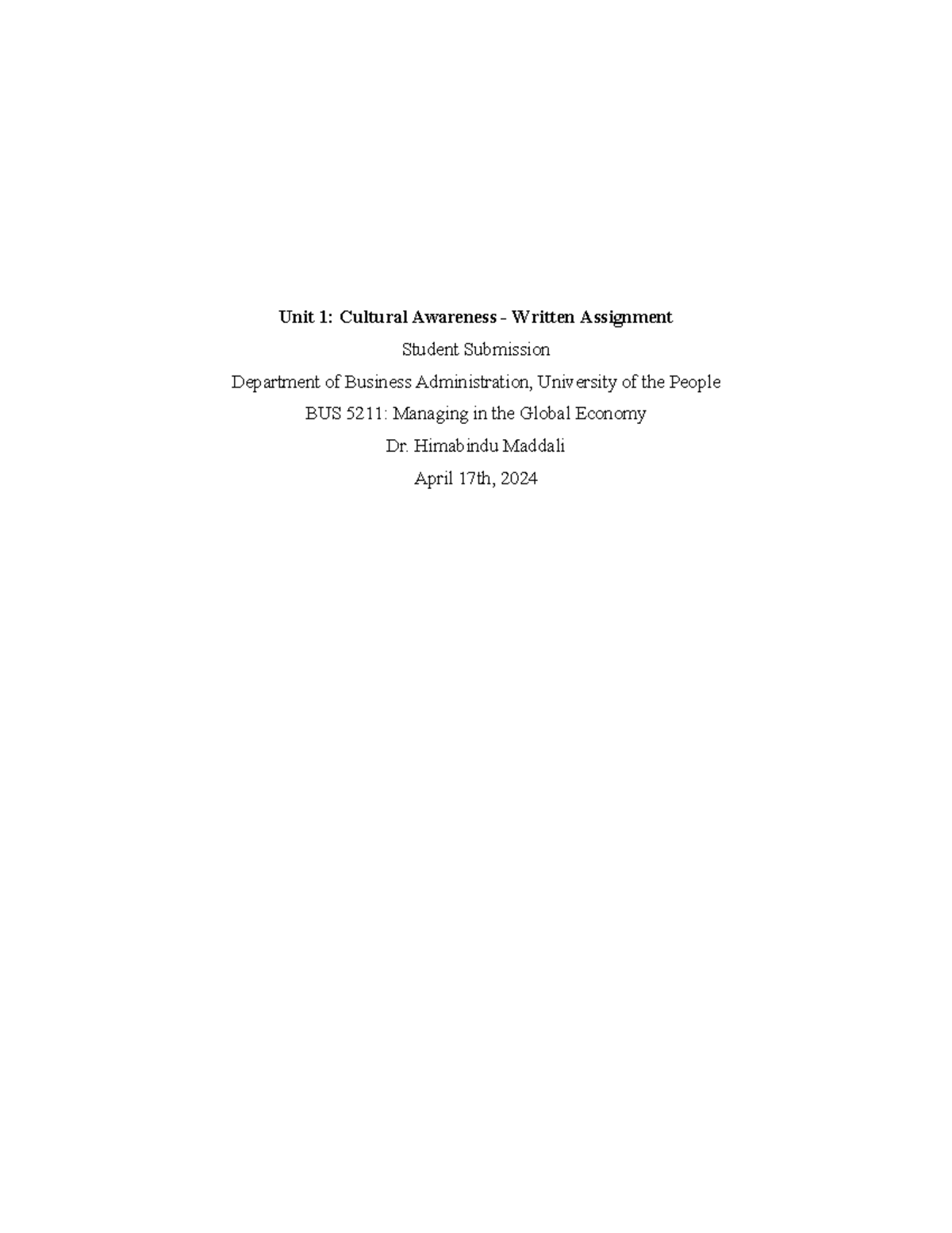 BUS 5211: Unit 1 Case Study on Cultural Awareness in Management - Studocu