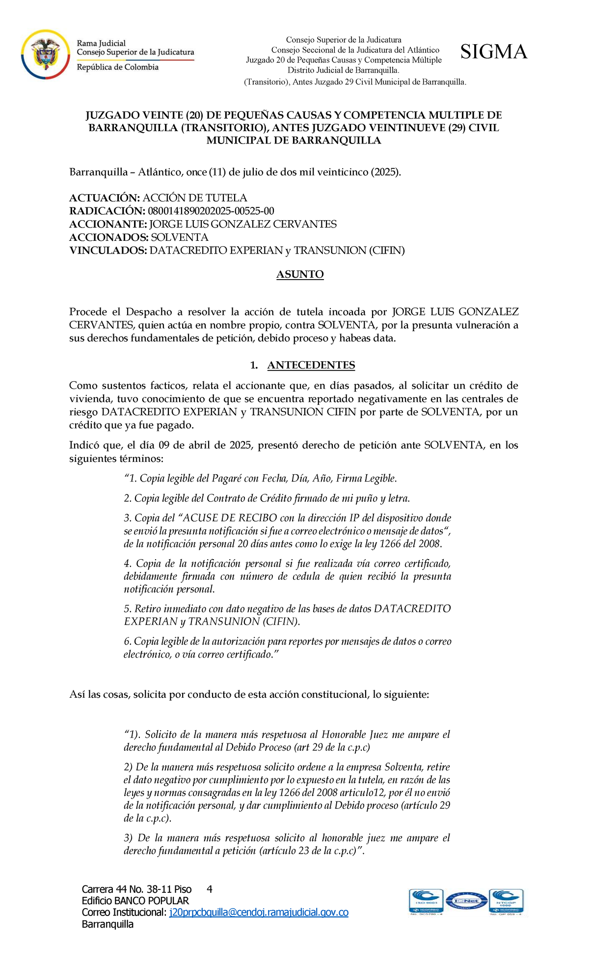 Sentencia de Tutela: Jorge Luis González Cervantes vs. Solventa (2025) - Document Preview