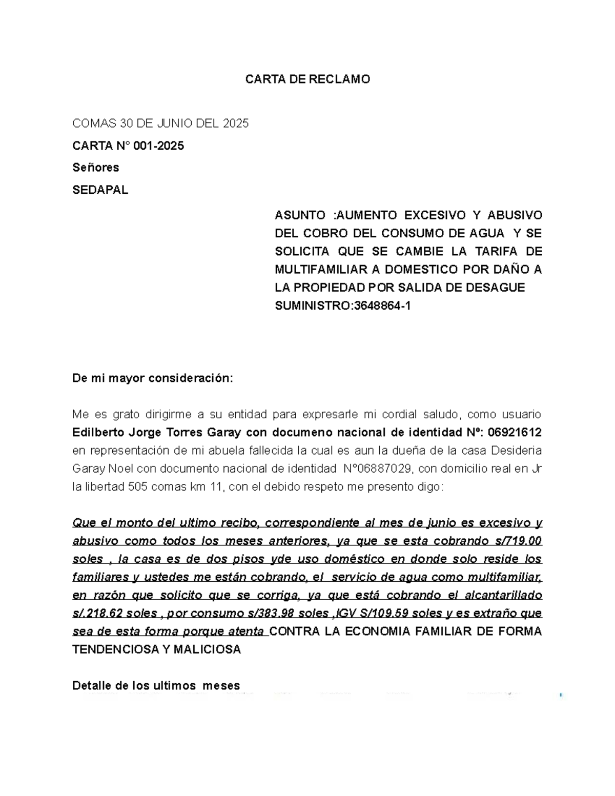 CARTA DE RECLAMO A SEDAPAL: AUMENTO EXCESIVO DEL COBRO DE AGUA - Studocu