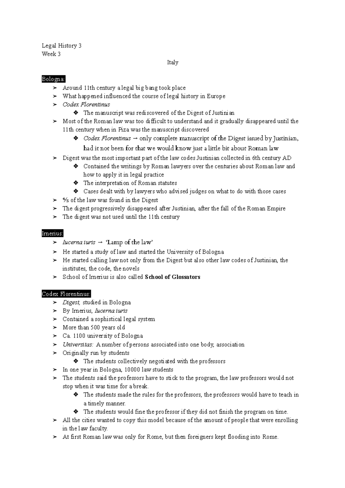 Legal History Overview: Week 3 Insights on Roman Law and Bologna ...