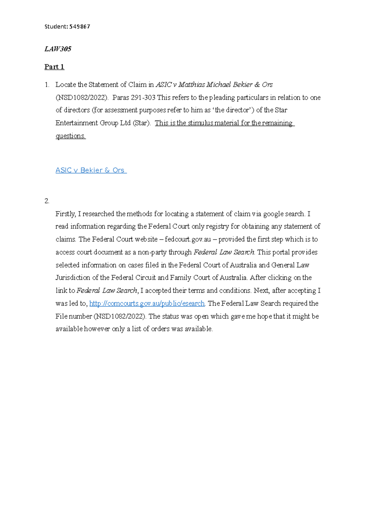 Assessment Task 1 Corporations Law - LAW Part 1 Locate the Statement of ...