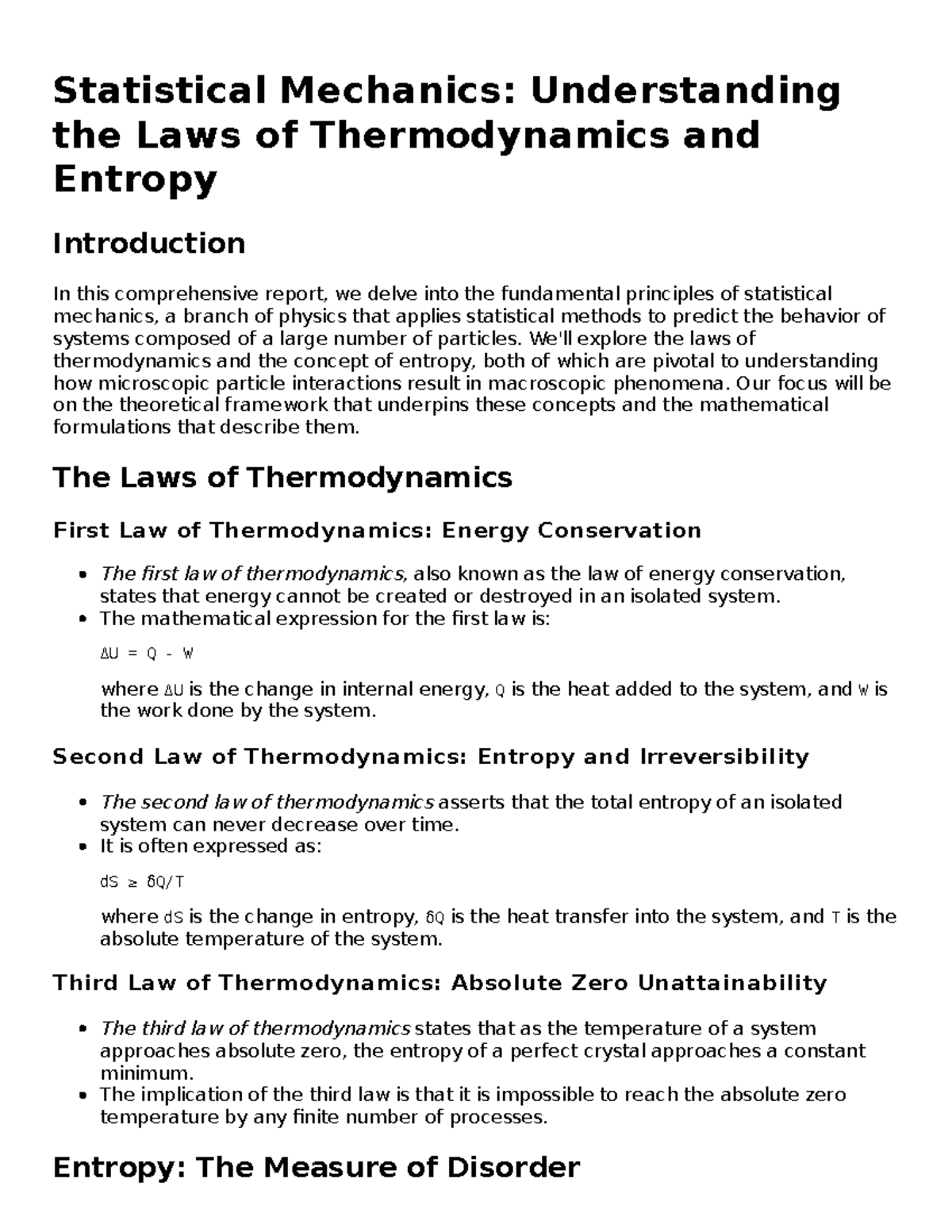 Statistical Mechanaics Understanding the Laws of Thermodynamics and ...