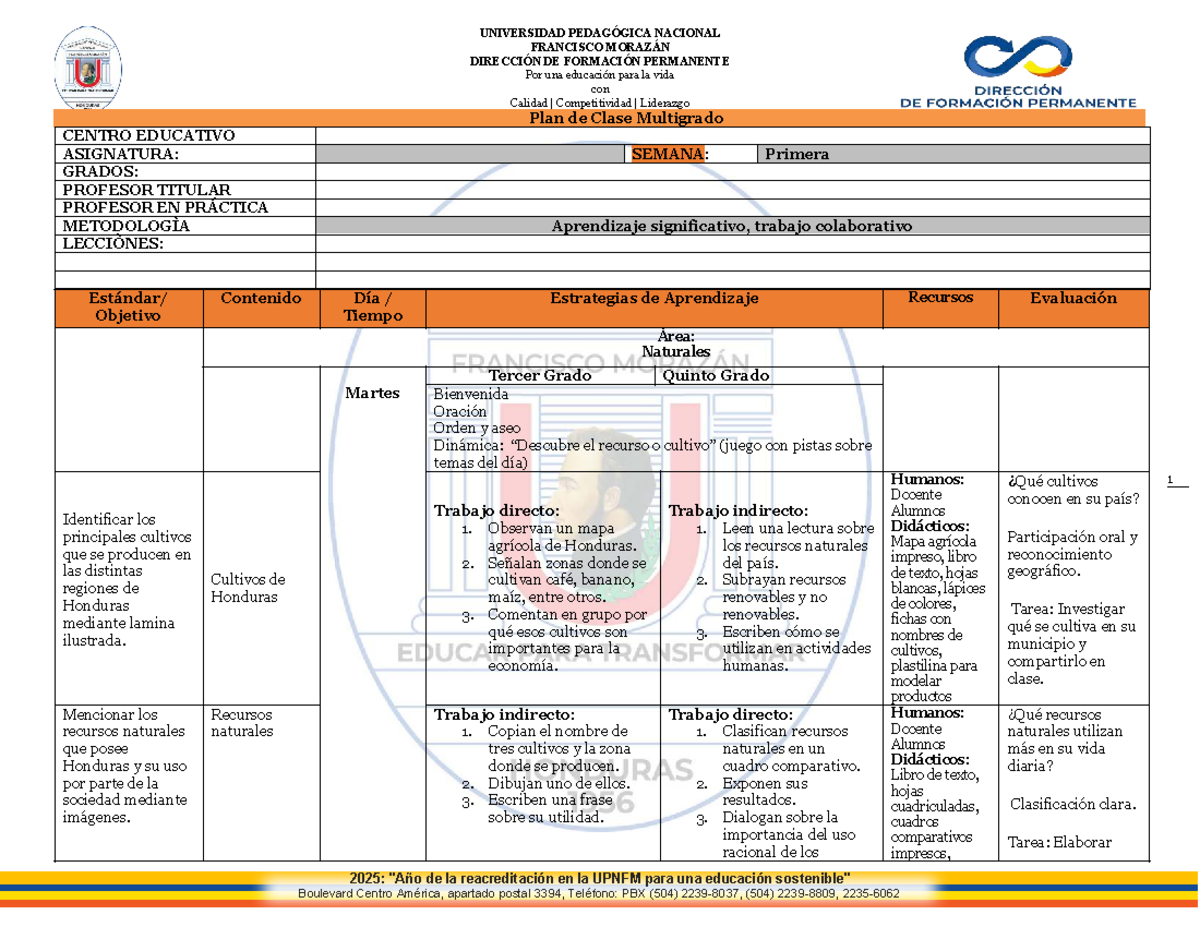 Plan de Clase Multigrado Naturales 3° y 5° - UPNFM 2025 - Studocu