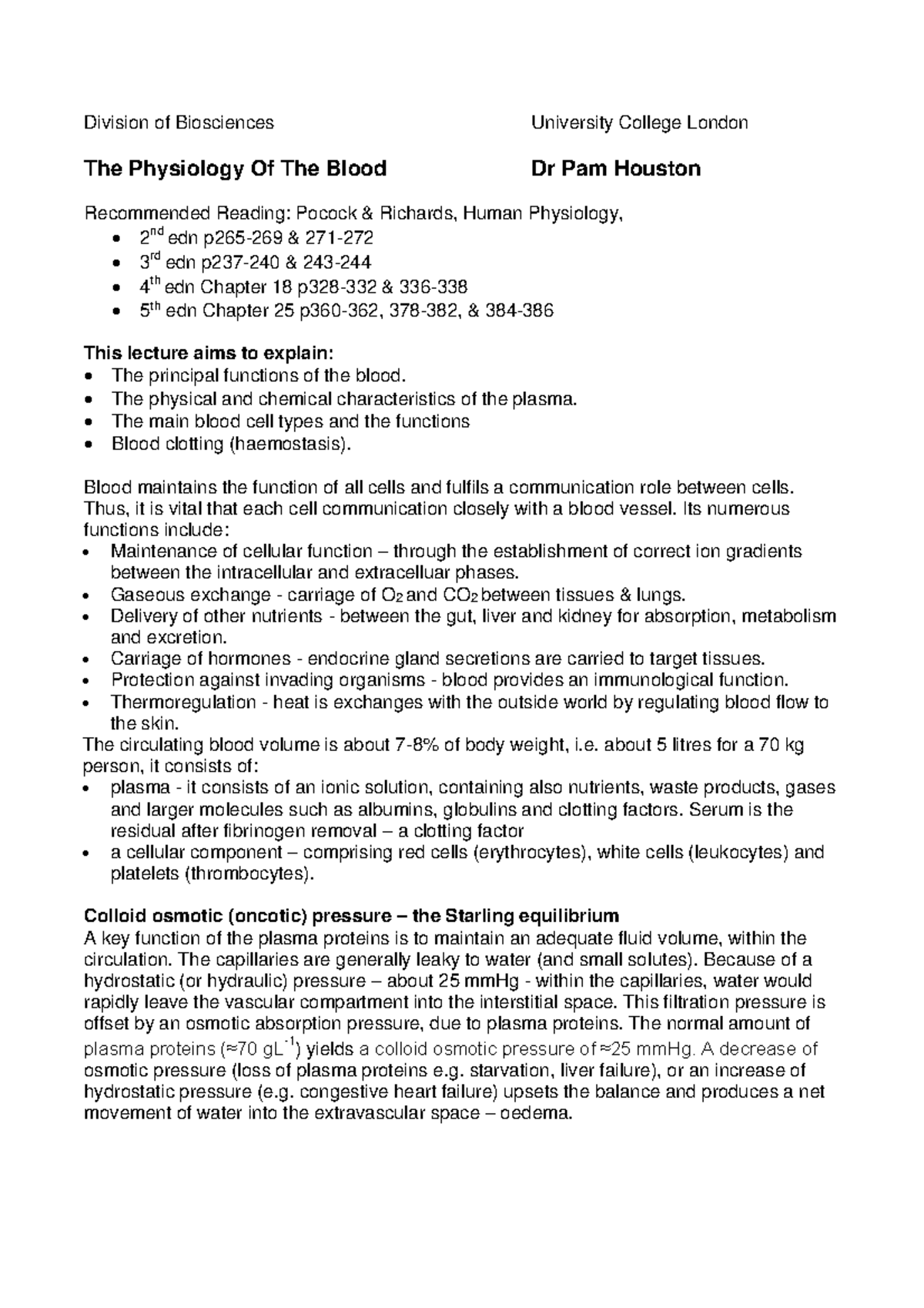PHOL 2023 Blood Physiology Lecture Notes and Key Concepts - Studocu