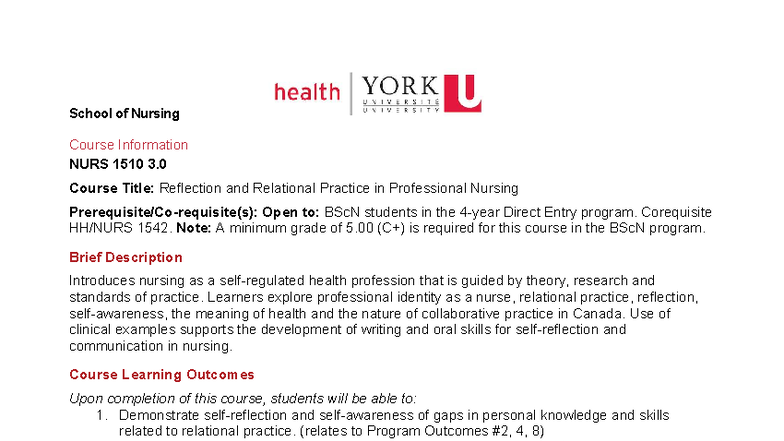 NURS 1510 3.0 Reflection & Relational Practice in Nursing Course ...