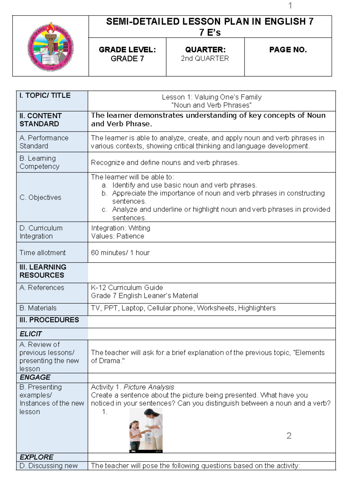 Lesson Plan for English 7: Noun and Verb Phrases (2nd Quarter) - Studocu