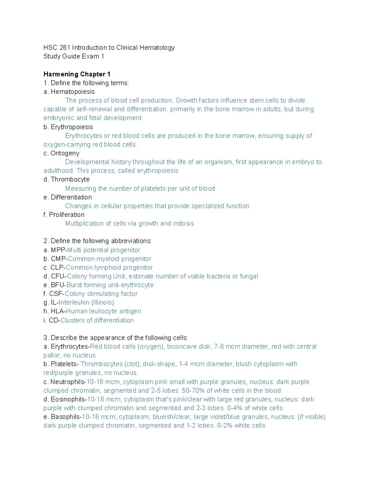 HSC 261 Clinical Hematology Study Guide for Exam 1: Key Concepts and ...