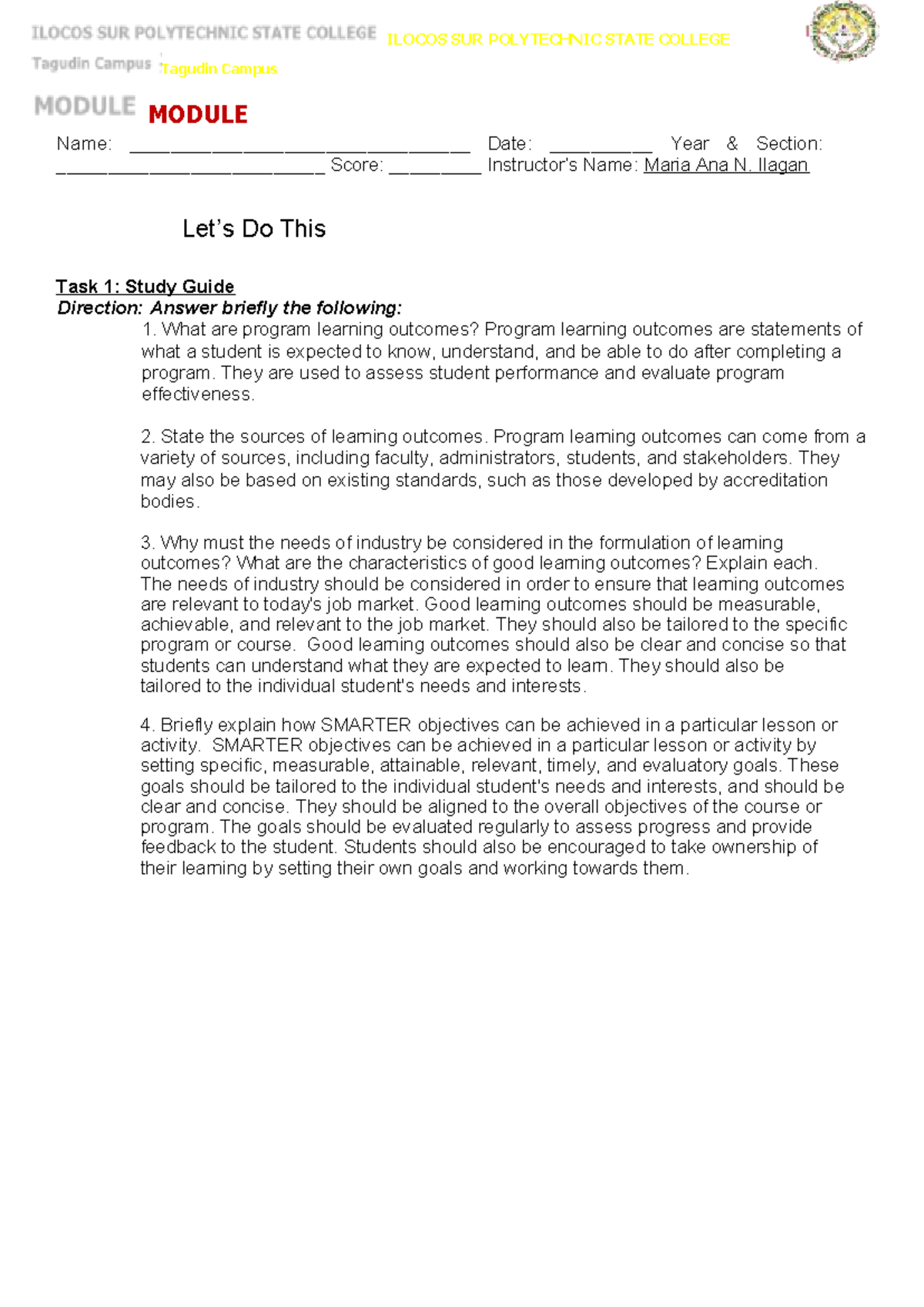 Module 3 Task 1: Study Guide on Program Learning Outcomes - Studocu