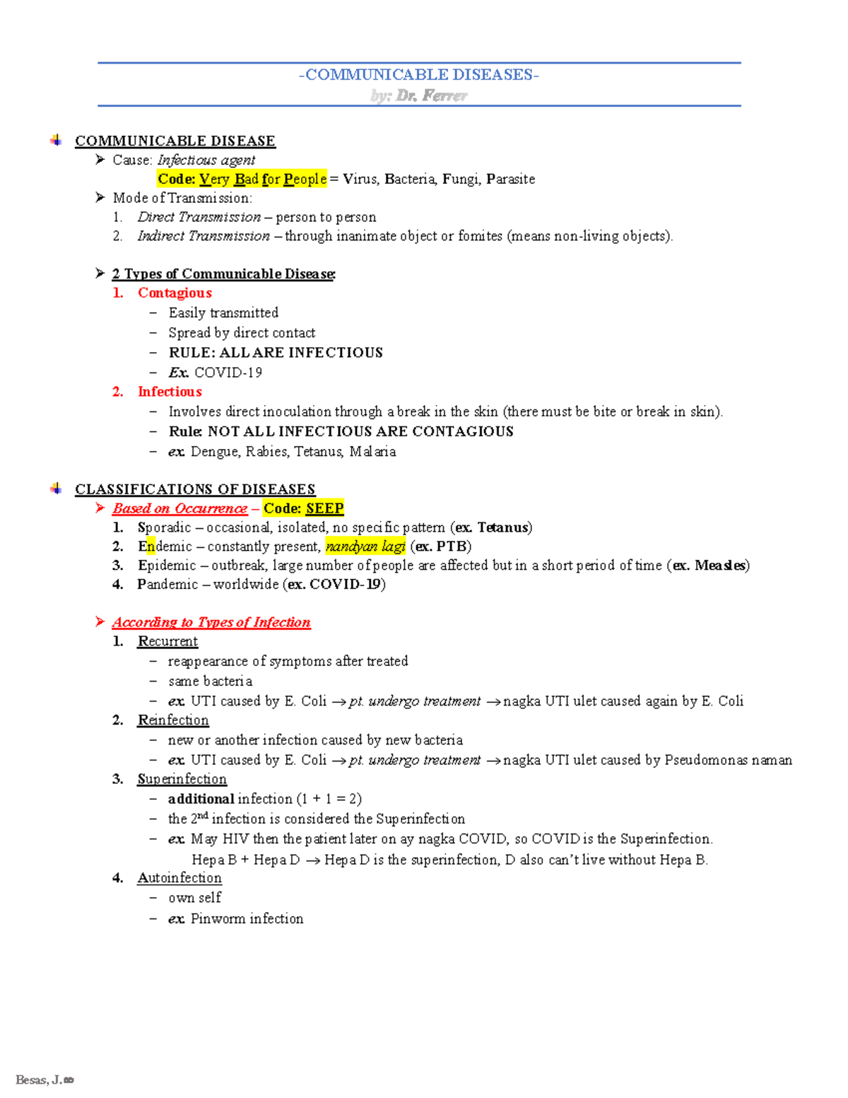 CA2 - Communicable Diseases Overview with Key Classifications ...