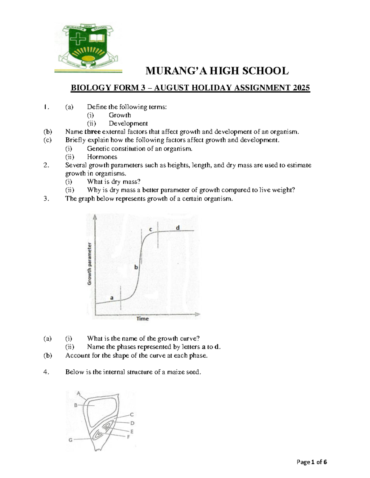 High School Biology Form 3 August Holiday Assignment 2025 - Studocu