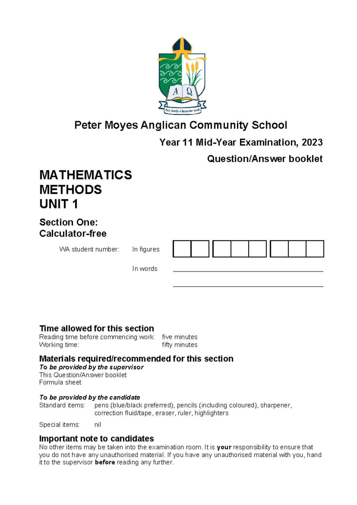 Pmacs 2023 Year 11 Mathematics Methods Unit 1 Exam Section 2 - Studocu