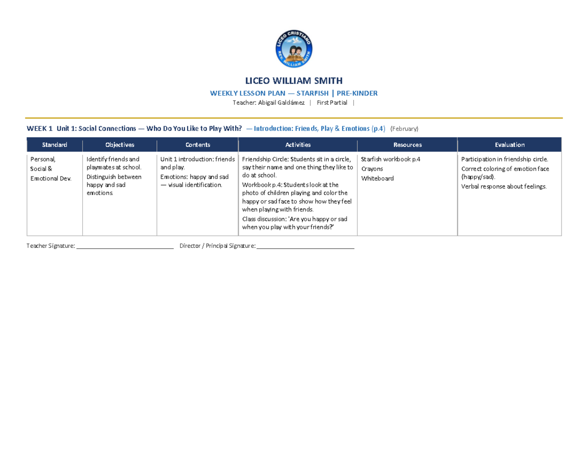 LICEO WILLIAM SMITH WEEKLY LESSON PLANS STARFISH - First Partial - Studocu