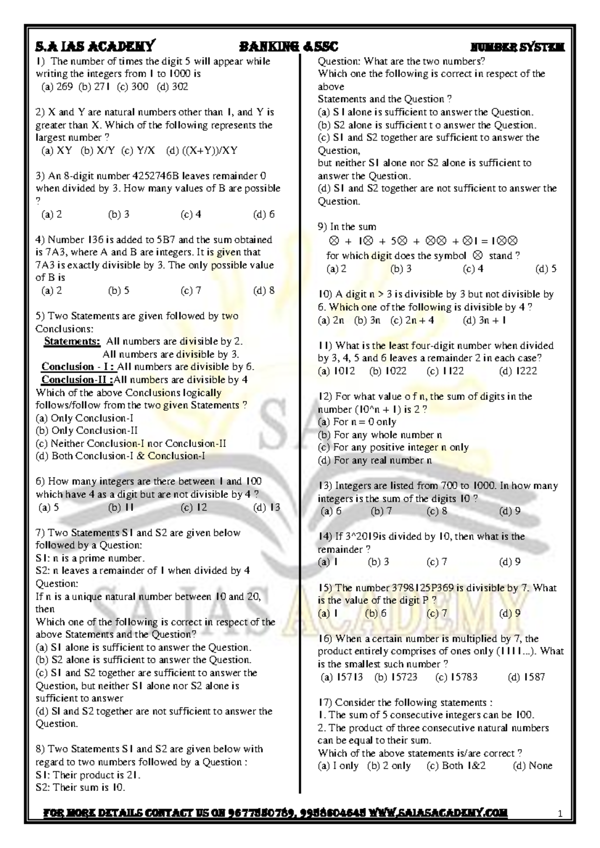 Number System Questions -30 - S IAS ACADEMY BANKING &SSC NUMBER SYSTEM ...