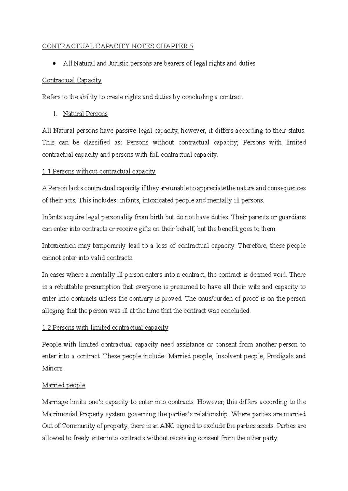Self Evaluation Notes - CHAPTER 5: Contractual Capacity Analysis - Studocu